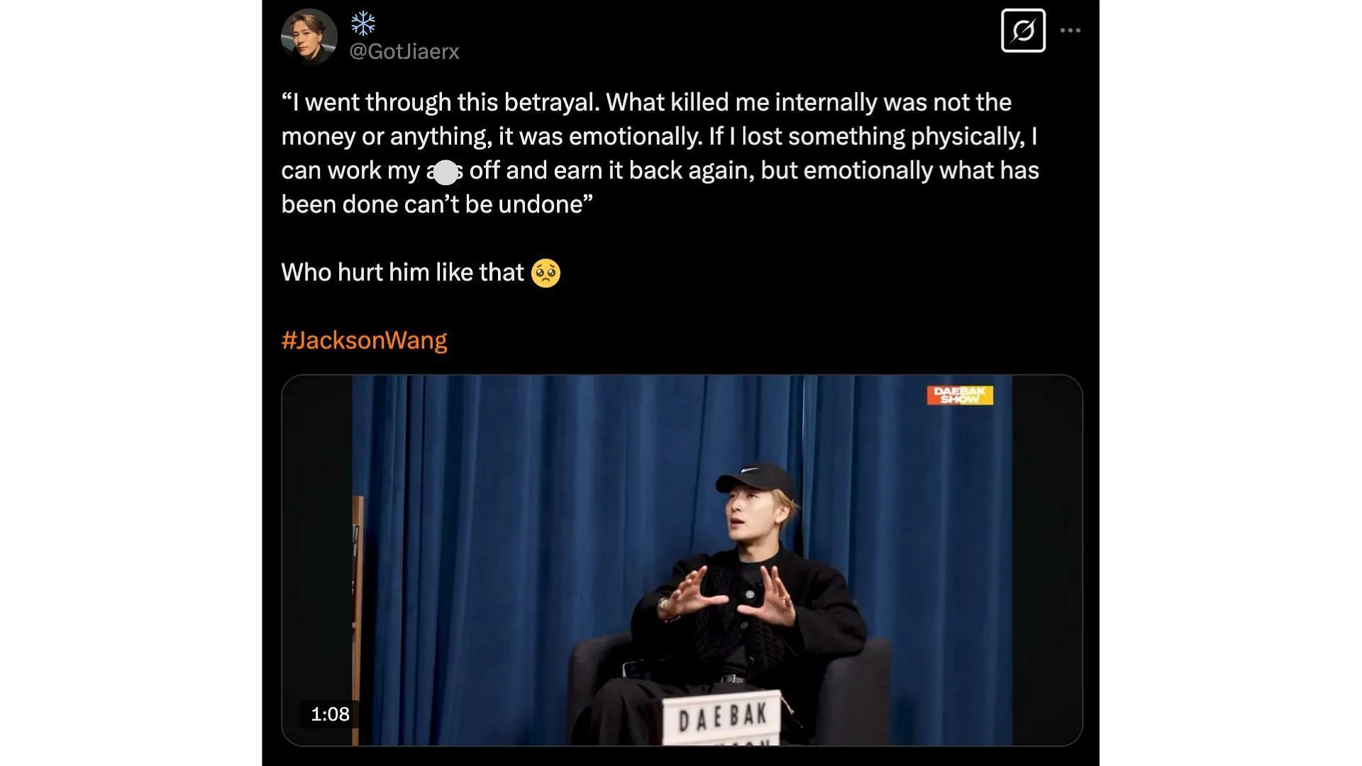 Jackson opens up about his mental struggles. (Image via X/@GotJiaerx) Jackson opens up about his mental struggles. (Image via X/@GotJiaerx)