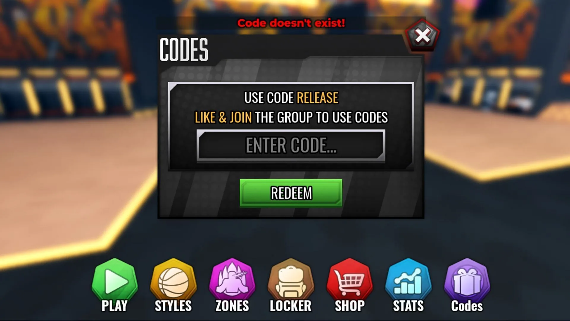 A 'Code doesn't exist' error in the game (Image via Roblox)