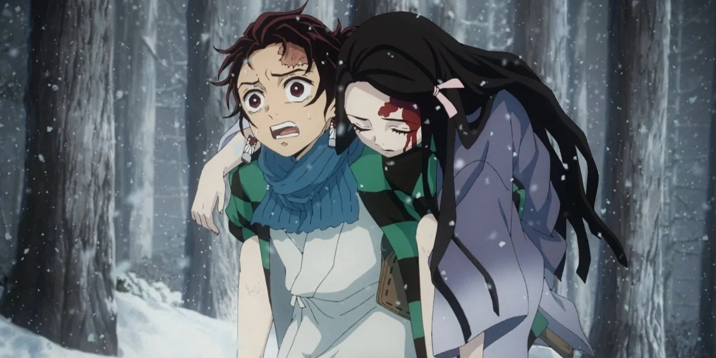 Tanjiro carries a wounded Nezuko Tanjiro carries a wounded Nezuko