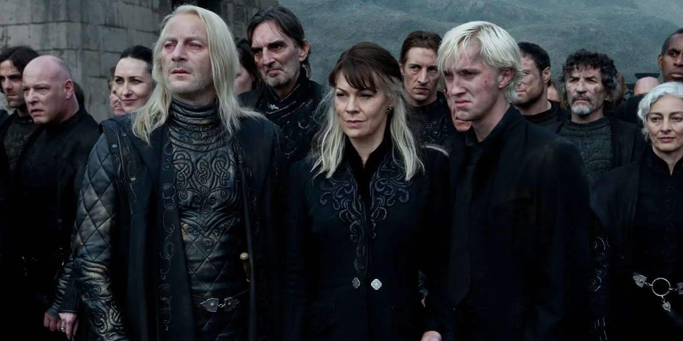 Draco Malfoy, Lucius Malfoy, and Narcissa Malfoy at the Battle of Hogwarts