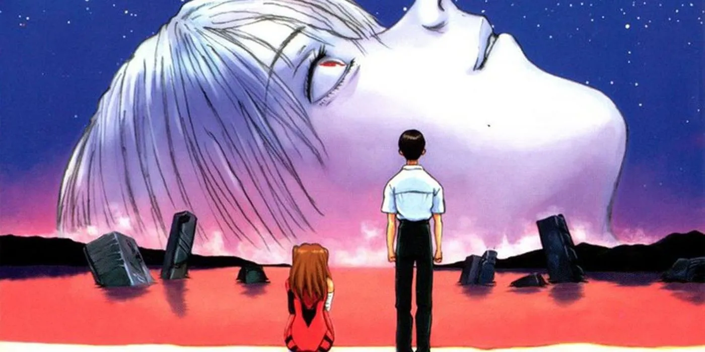 End of Evangelion box art featuring Asuka and Shinji looking at giant Rei. End of Evangelion box art featuring Asuka and Shinji looking at giant Rei.