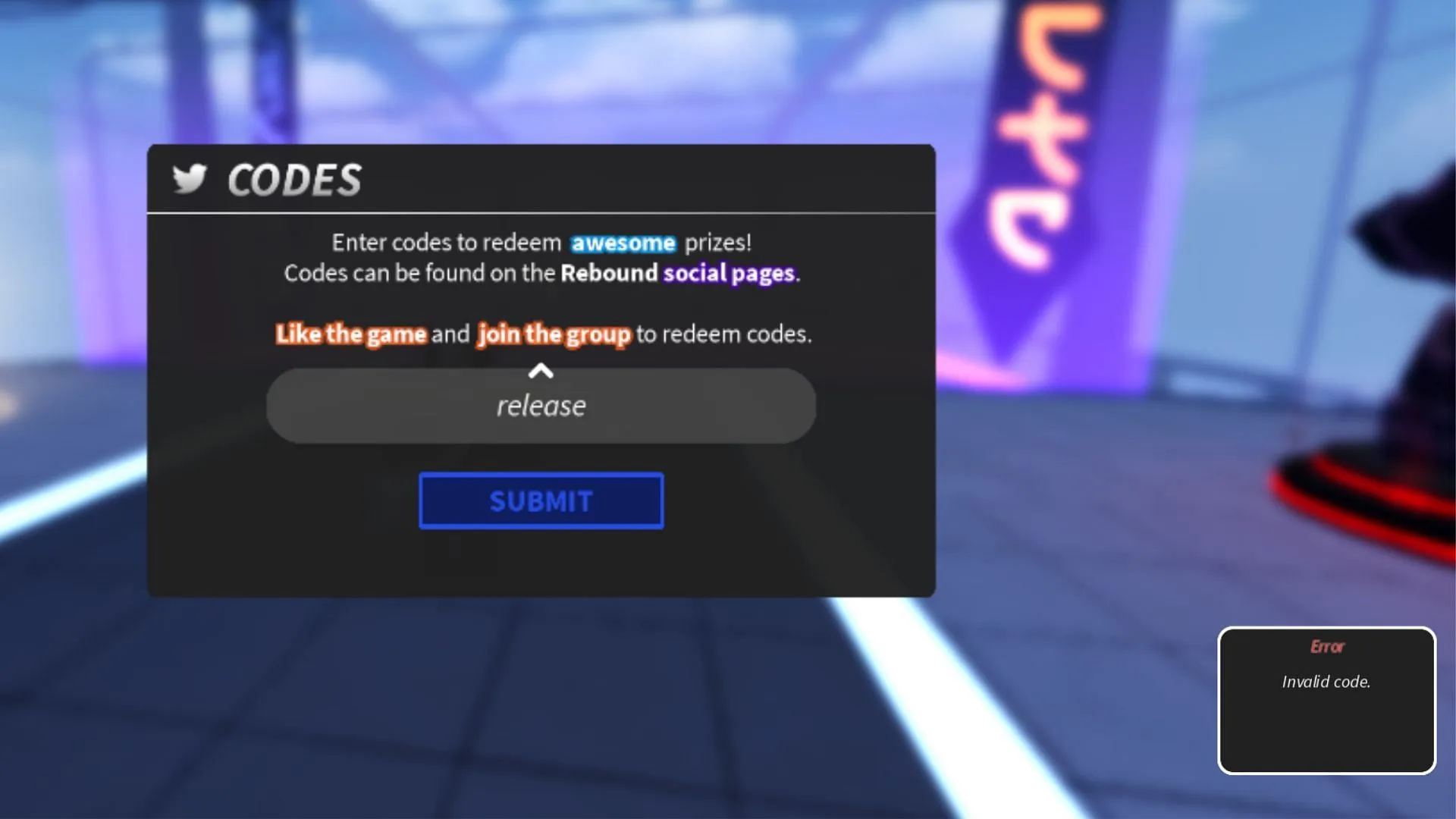 Invalid code error in Rebound (Image via Roblox)