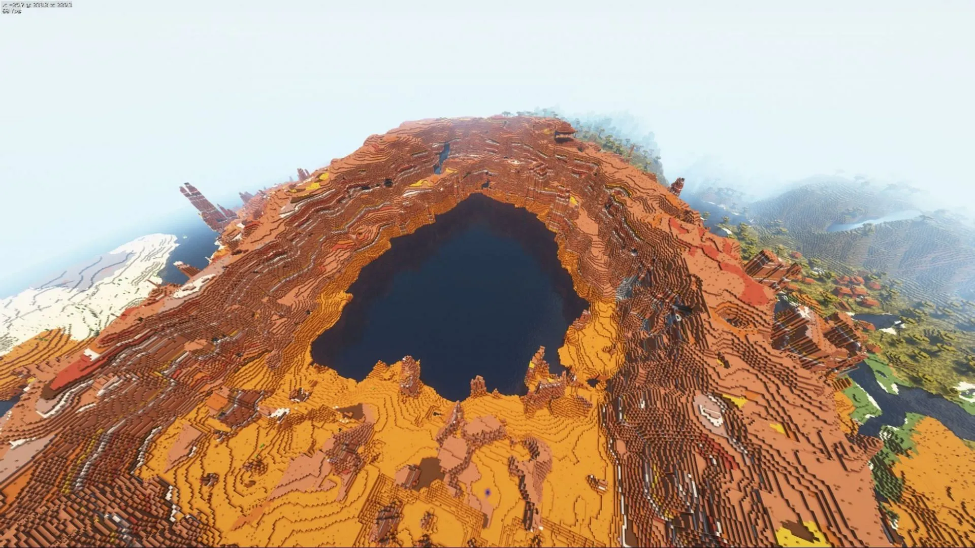 This starting badlands biome features a very impressive lake (Image via Stofix_/Reddit) This starting badlands biome features a very impressive lake (Image via Stofix_/Reddit)