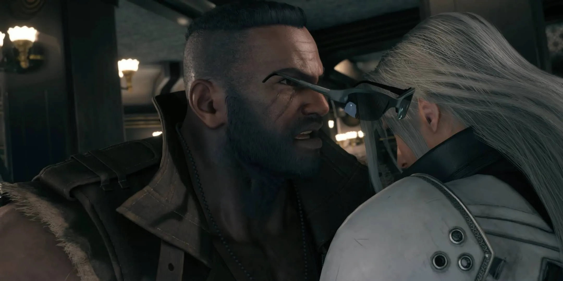 Sephiroth stabbing Barret in Final Fantasy 7 Remake.