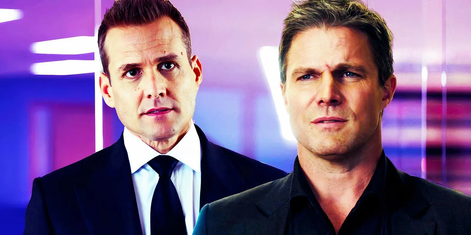 Gabriel Macht as Harvey Specter in Suits season 9's finale and Stephen Amell as Ted Black in Suits LA season 1 episode 2 Gabriel Macht as Harvey Specter in Suits season 9's finale and Stephen Amell as Ted Black in Suits LA season 1 episode 2