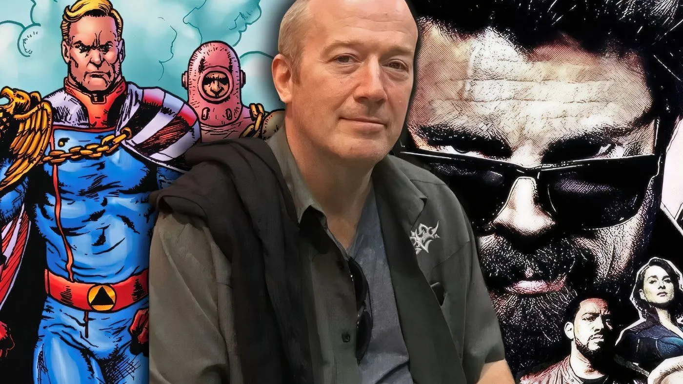Garth Ennis with The Boys comic and live-action depictions behind him.