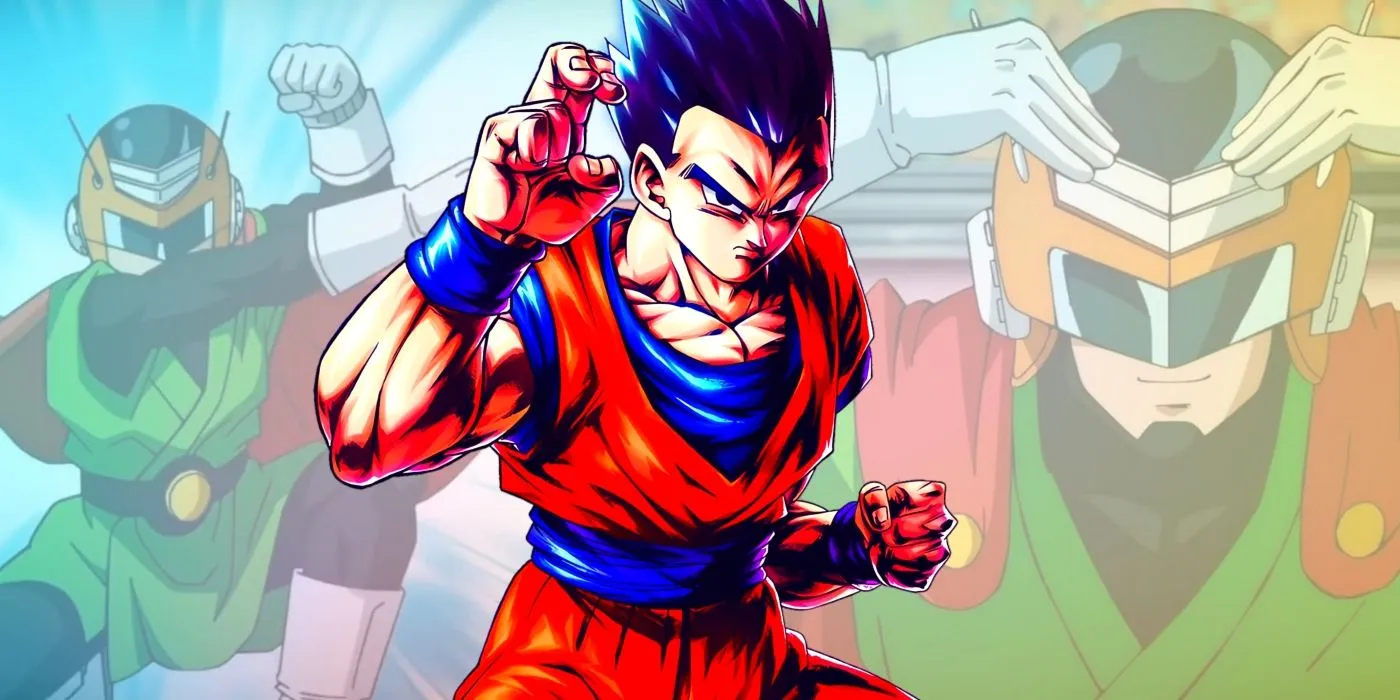 Gohan in his Gi, poised for action. Scenes of the Great Saiyaman are depicted in the background. Gohan in his Gi, poised for action. Scenes of the Great Saiyaman are depicted in the background.