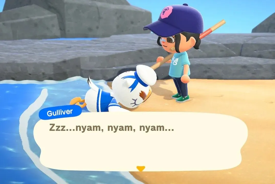 Gulliver on the beach in Animal Crossing: New Horizons