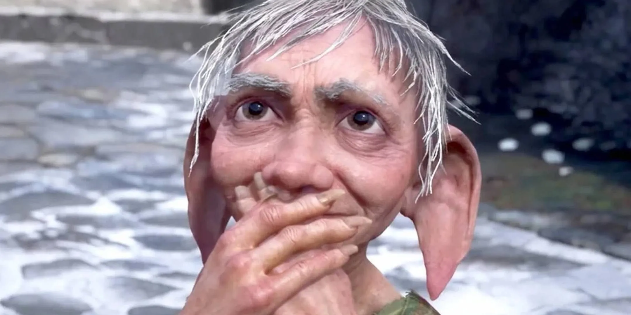 Penny with her hands over her mouth outside of a shop in the snow in Hogwarts Legacy.