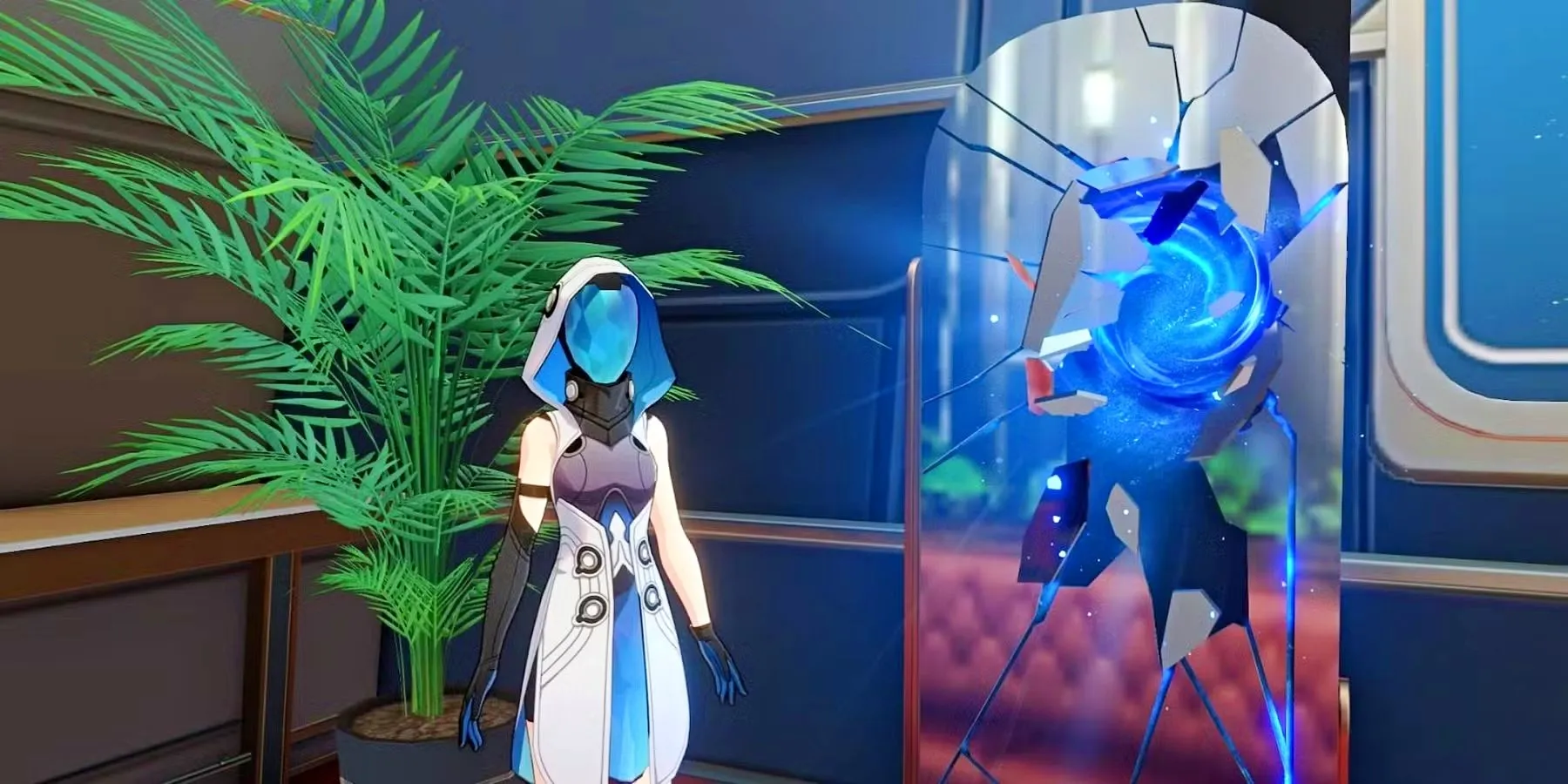 Honkai Star Rail's Messenger stands in front of the Forgotten Hall's broken mirror. Honkai Star Rail's Messenger stands in front of the Forgotten Hall's broken mirror.