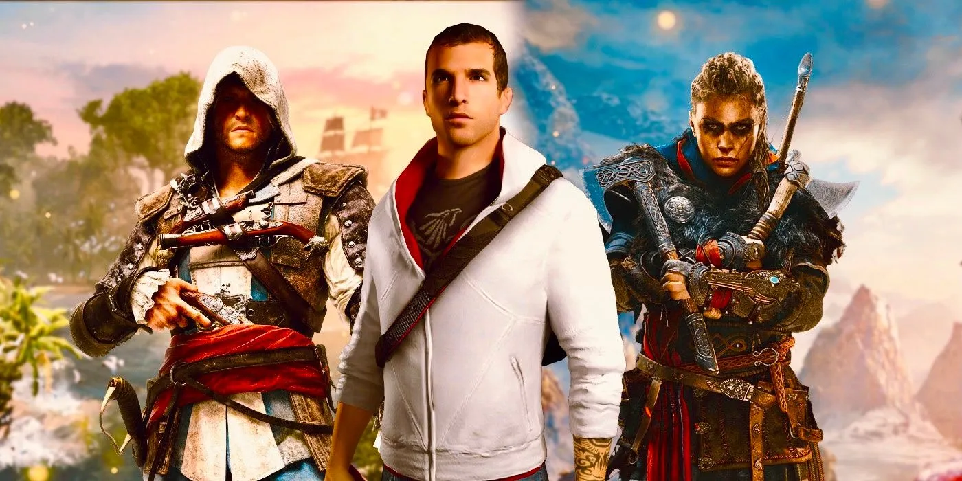 Assassin's Creed Valhalla and Black Flag protagonists with Desmond in the middle. Assassin's Creed Valhalla and Black Flag protagonists with Desmond in the middle.