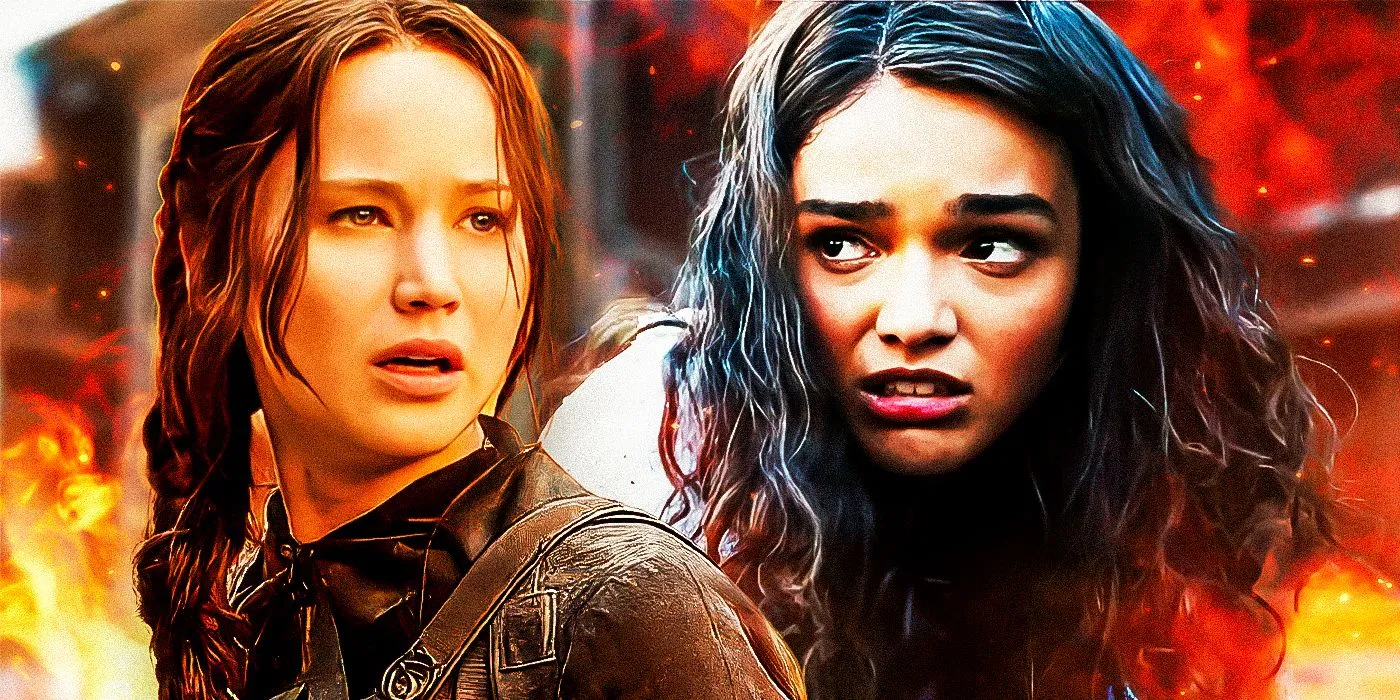 Jennifer Lawrence as Katniss Everdeen and Rachel Zegler as Lucy Gray Baird