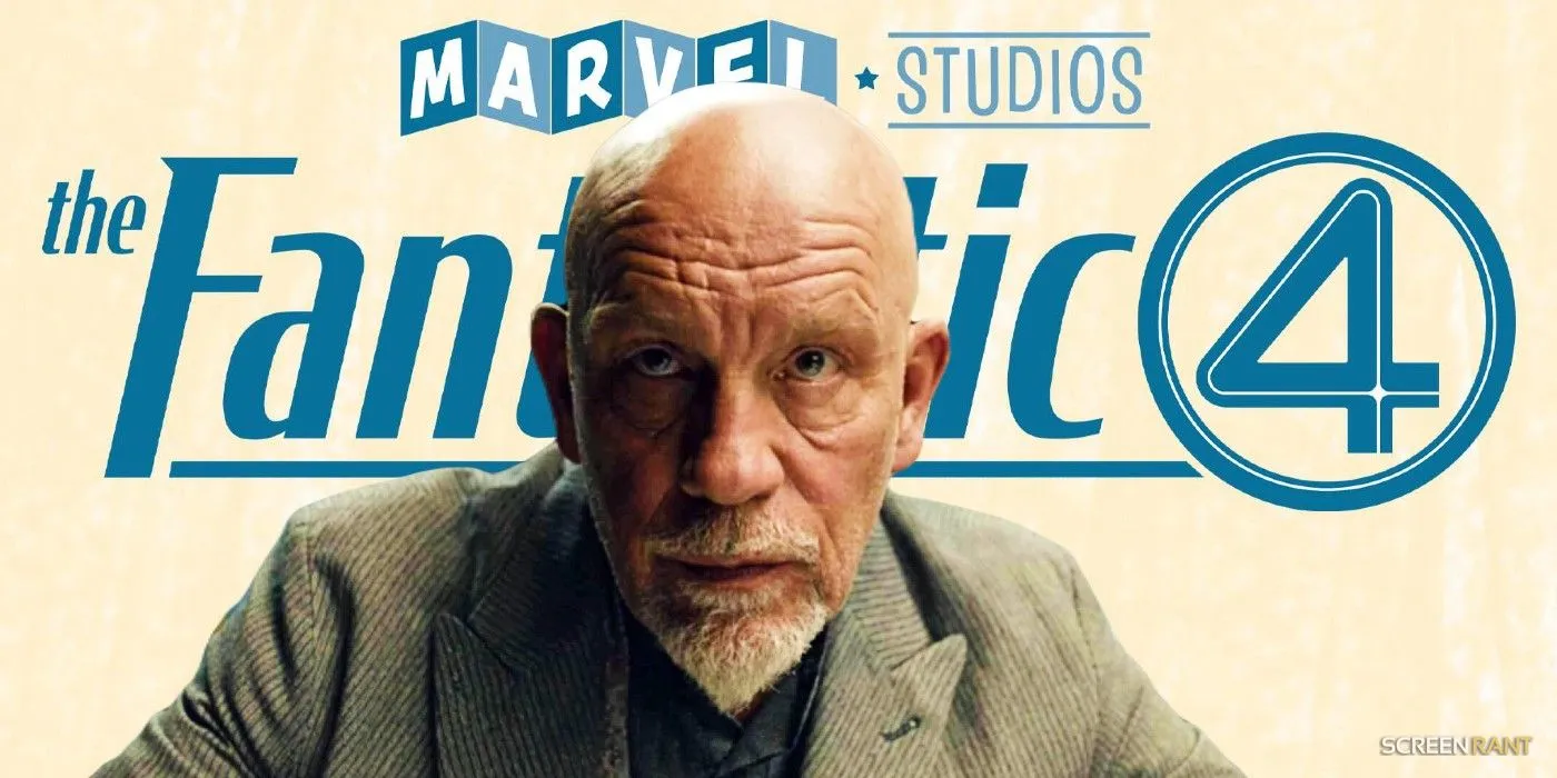 John Malkovich Leaning Toward The Camera In Front Of Marvel Studios The Fantastic Four Logo