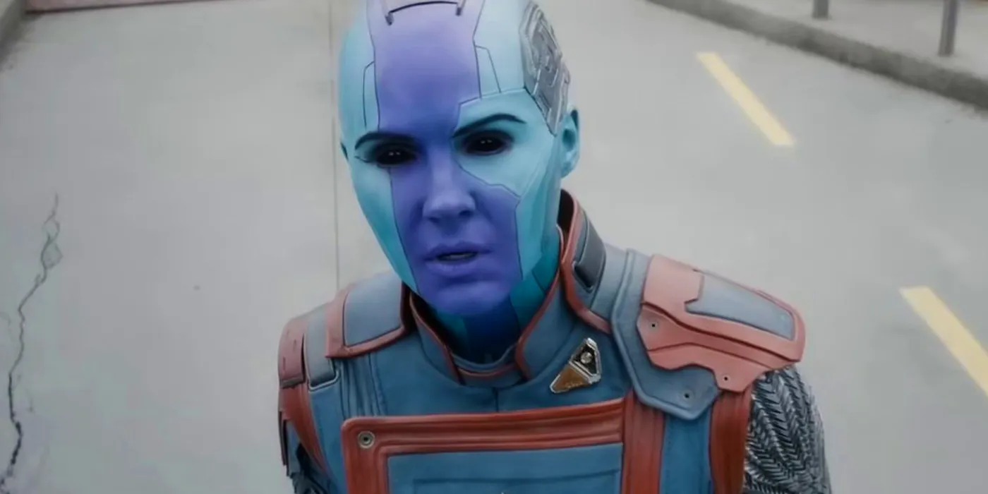 Karen Gillan looking confused as Nebula in the Guardians of the Galaxy Vol 3