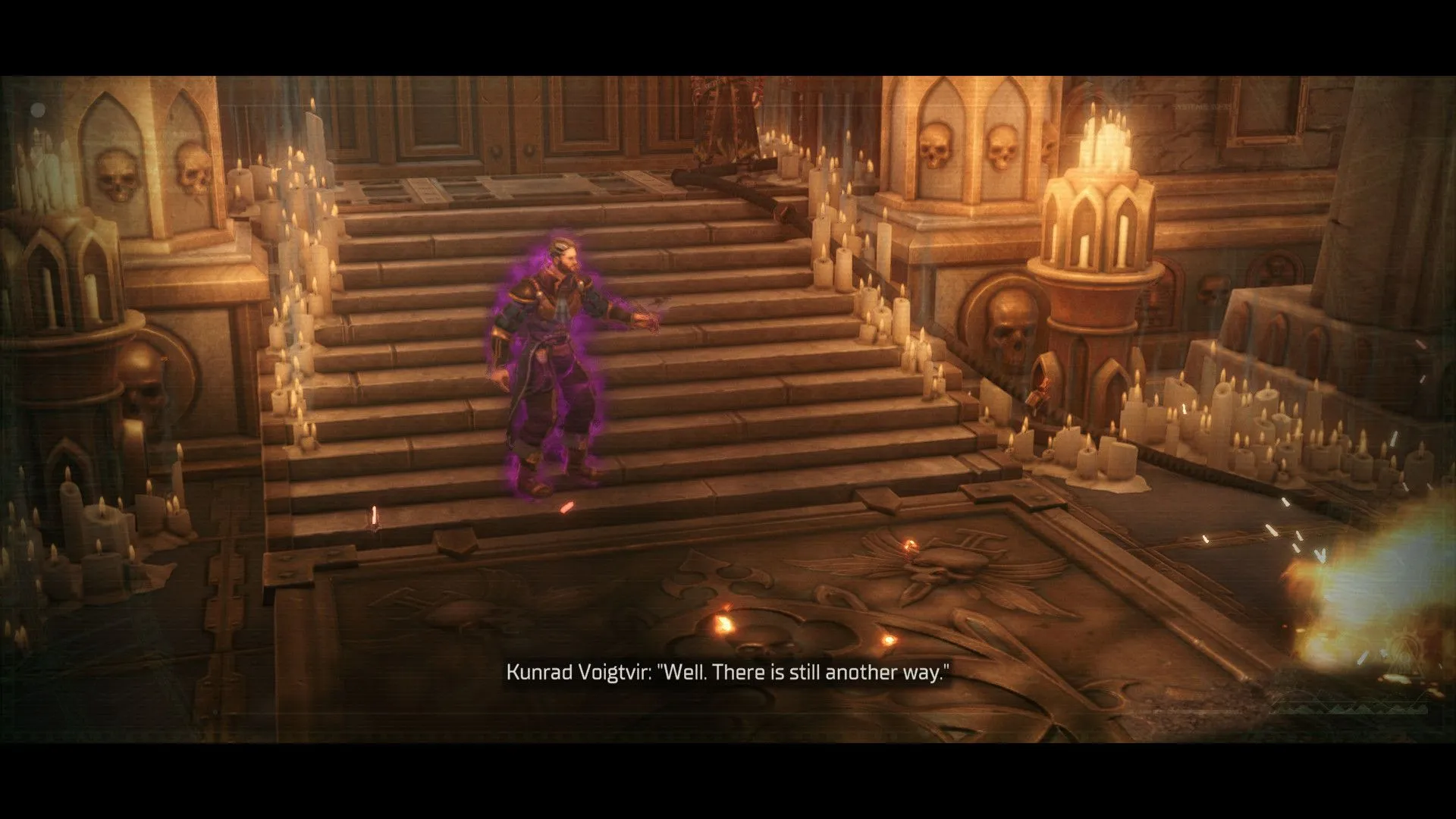 Kunrad surrounded by a purple fog in Rogue Trader