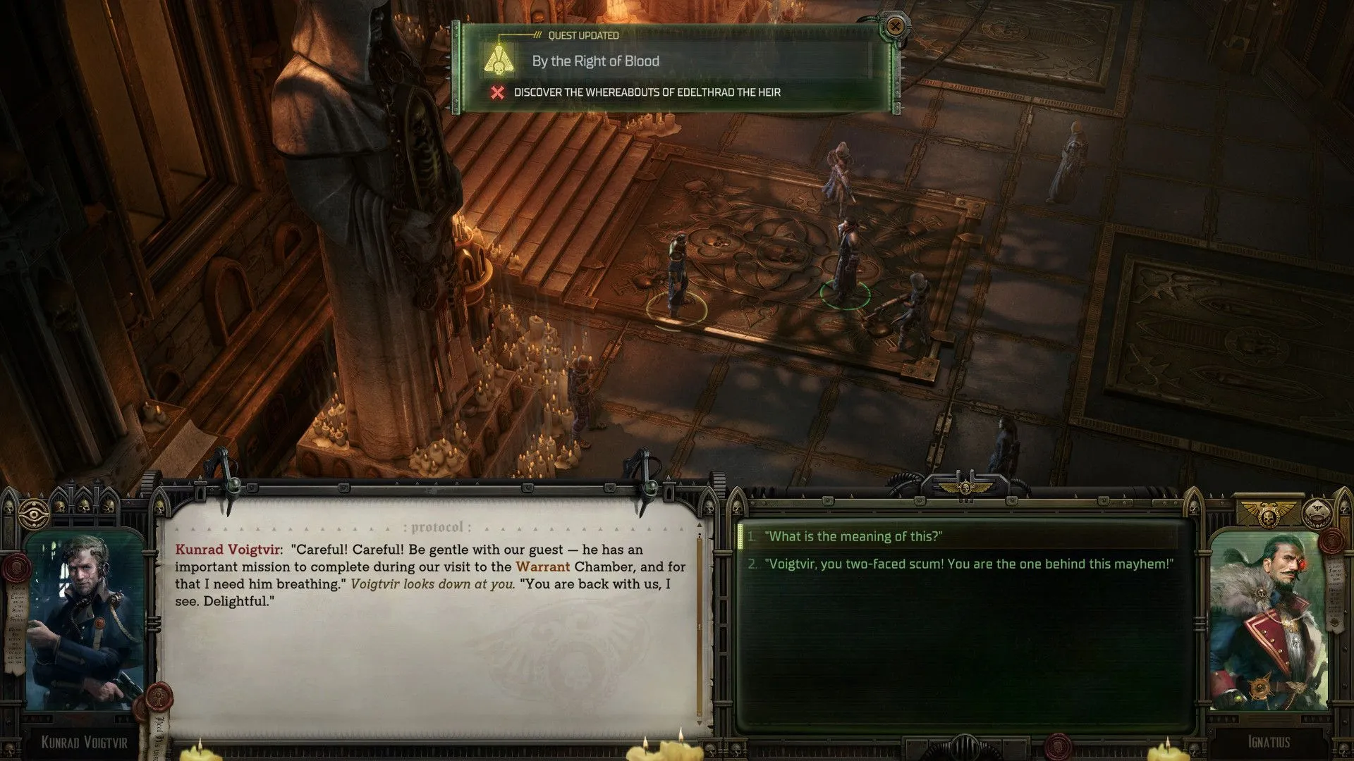 Kunrad waking up the player character in Rogue Trader