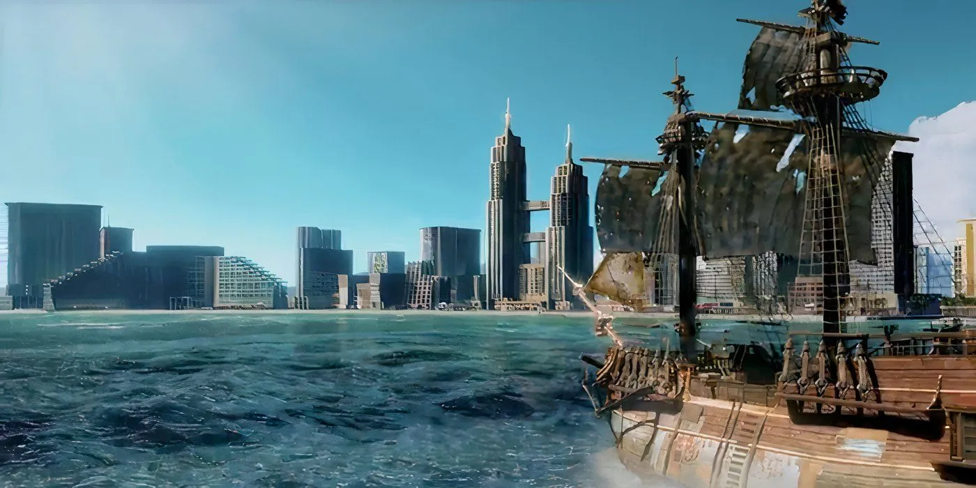 Screenshot of a pirate ship approaching a city in Like A Dragon: Pirate Yakuza In Hawaii. Screenshot of a pirate ship approaching a city in Like A Dragon: Pirate Yakuza In Hawaii.