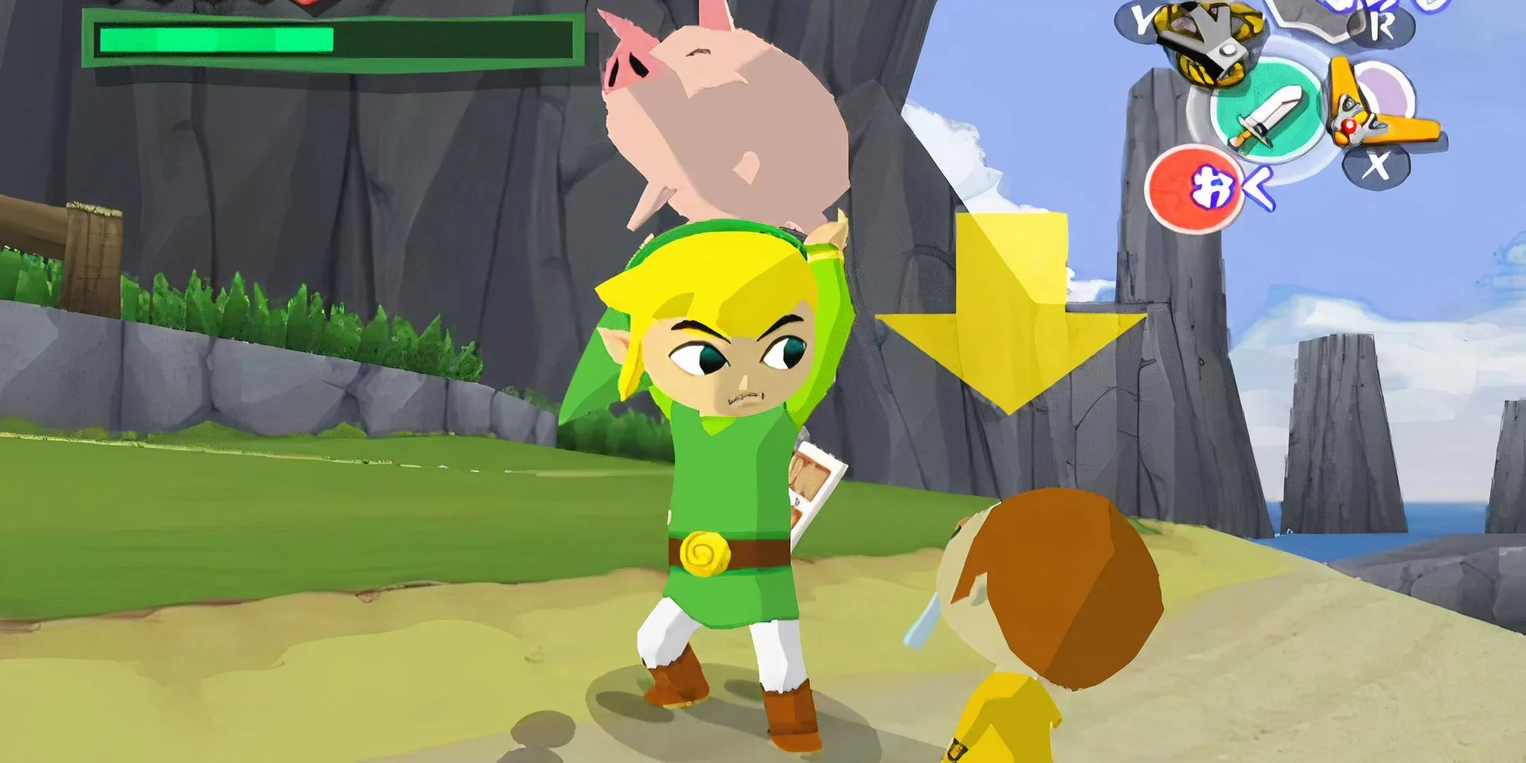 Link holding a pig in Wind Waker Link holding a pig in Wind Waker