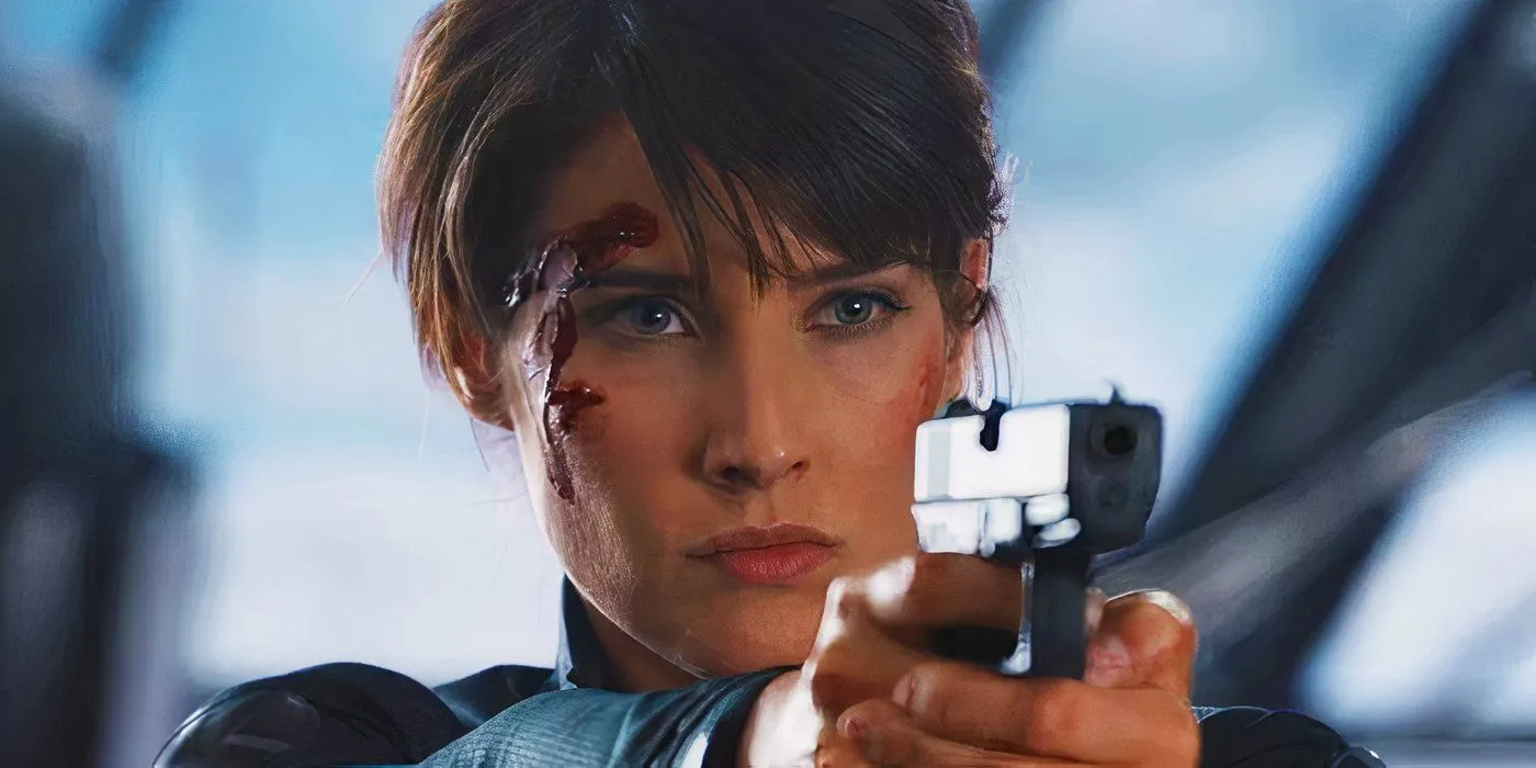 Maria Hill aiming her gun in The Avengers