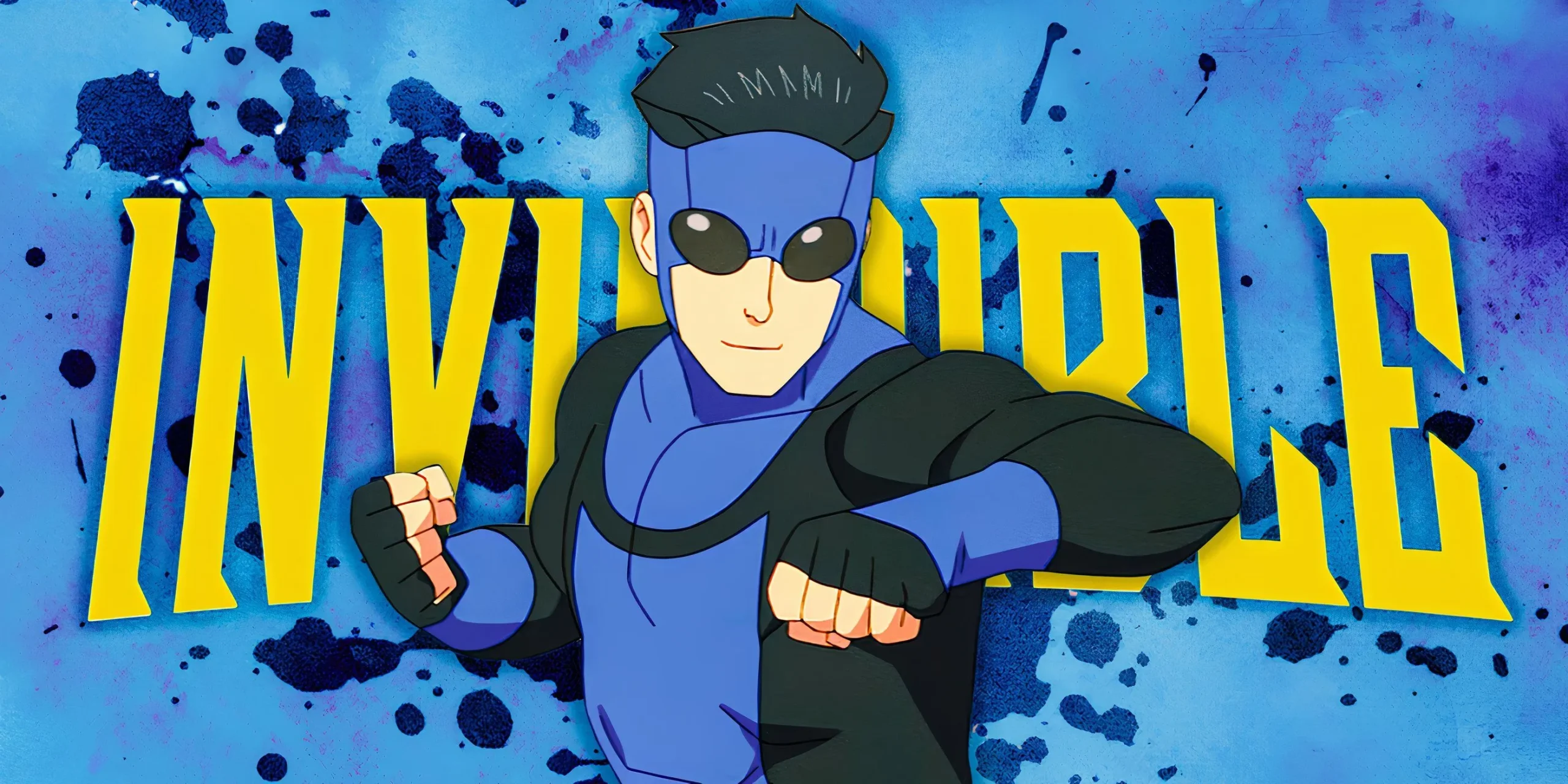Mark Grayson in his blue suit smiling in a fighting stance in front of the Invincible title card