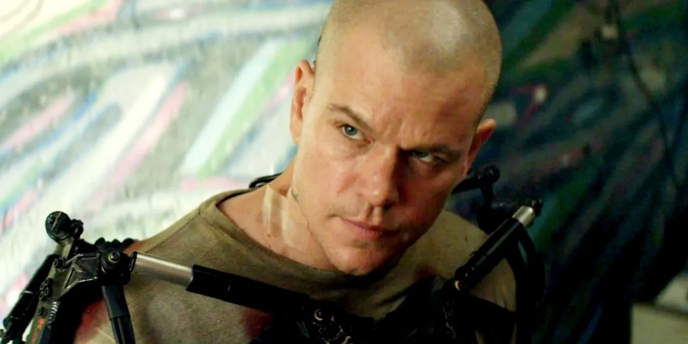 Matt Damon wearing an exo-suit in Elysium