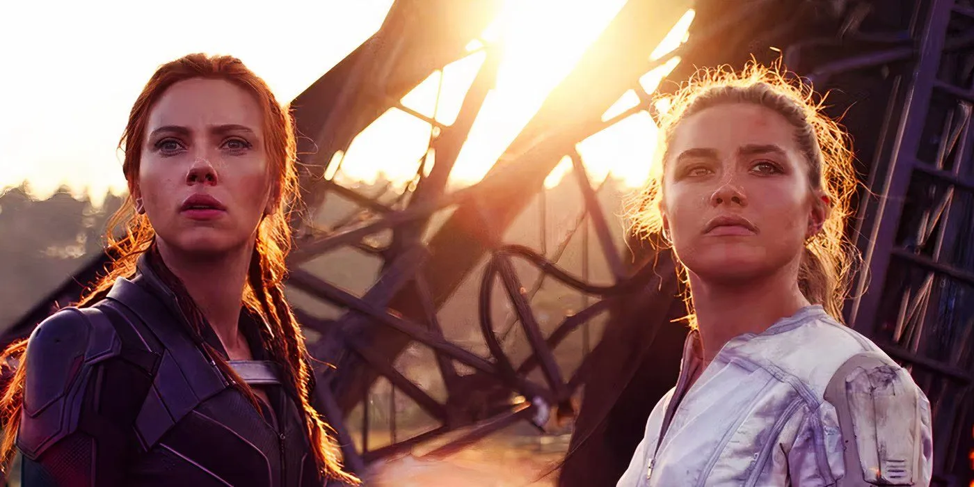Natasha Romanoff and Yelena Belova in the ruins of the Red Room in Black Widow
