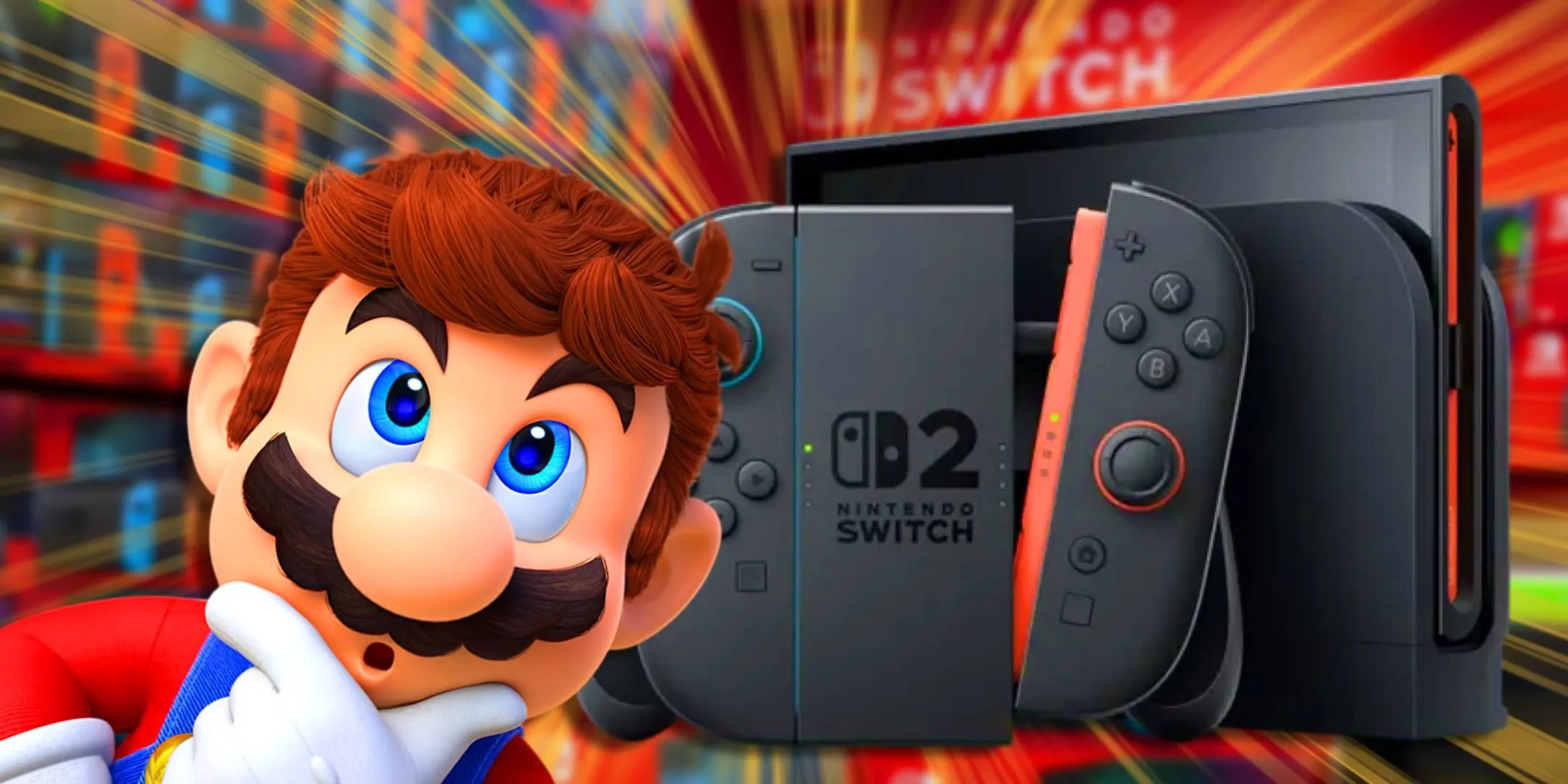 Mario looking confused next to a Nintendo Switch 2. Mario looking confused next to a Nintendo Switch 2.