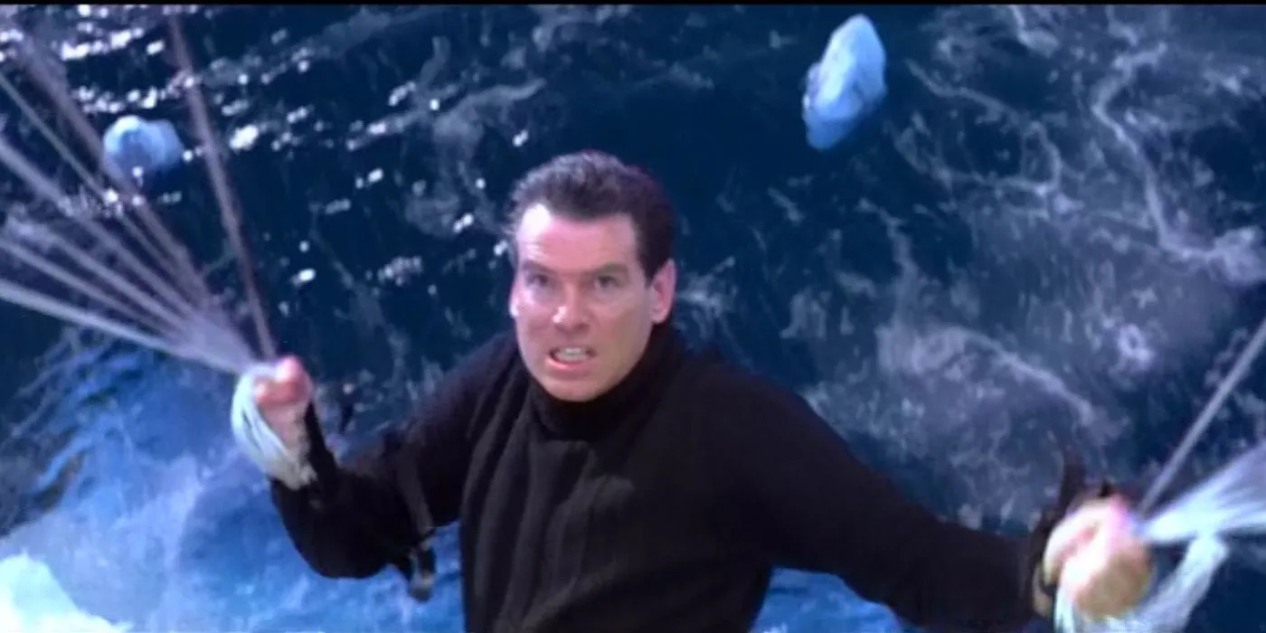 Pierce Brosnan as James Bond Surfs a Tsunami in Die Another Day Pierce Brosnan as James Bond Surfs a Tsunami in Die Another Day