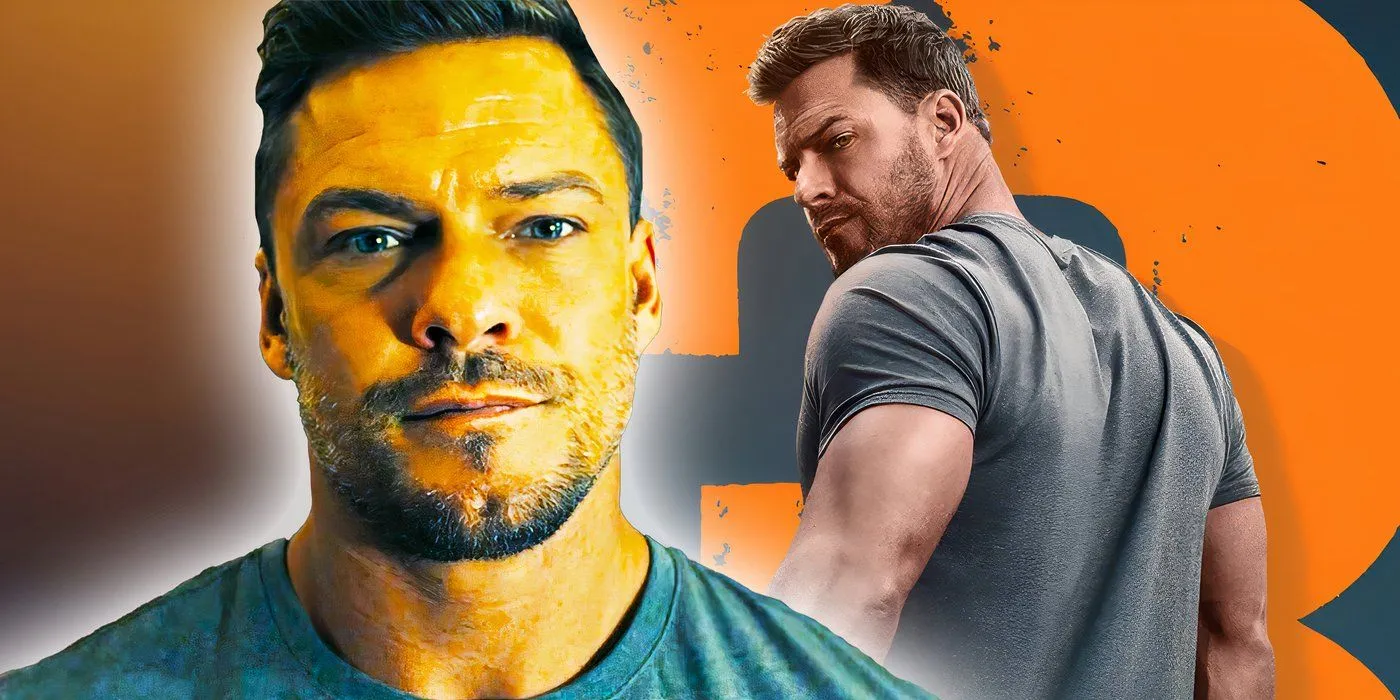 An edited image of Alan Ritchson as Jack Reacher next to the poster for Reacher season 3.