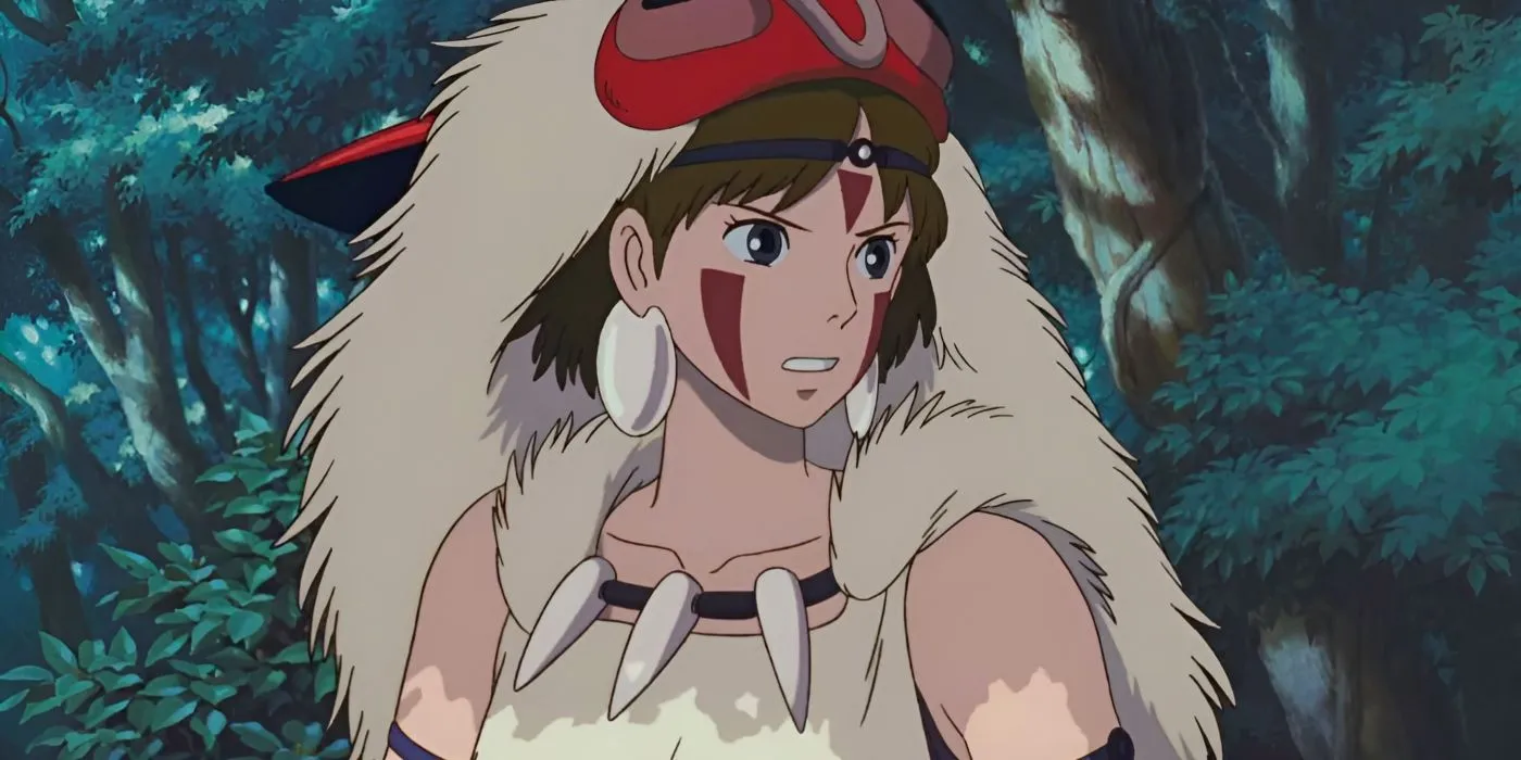 San stands with her mask off as she speaks to Ashitaka and Moro in the forest from Princess Mononoke. San stands with her mask off as she speaks to Ashitaka and Moro in the forest from Princess Mononoke.
