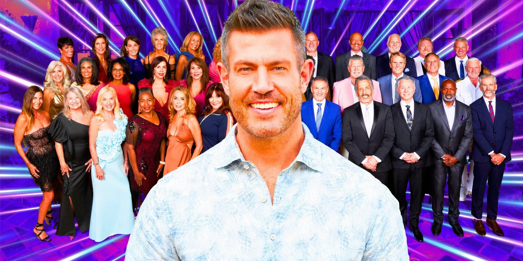Image of Jesse Palmer with cast members from The Golden Bachelor and Bachelorette