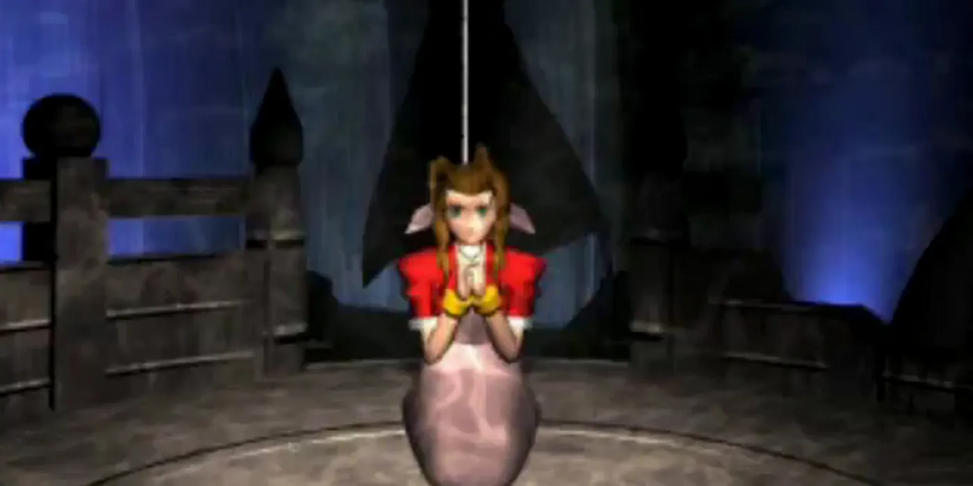 Aerith in a pivotal moment as Sephiroth attacks her from above in Final Fantasy 7.