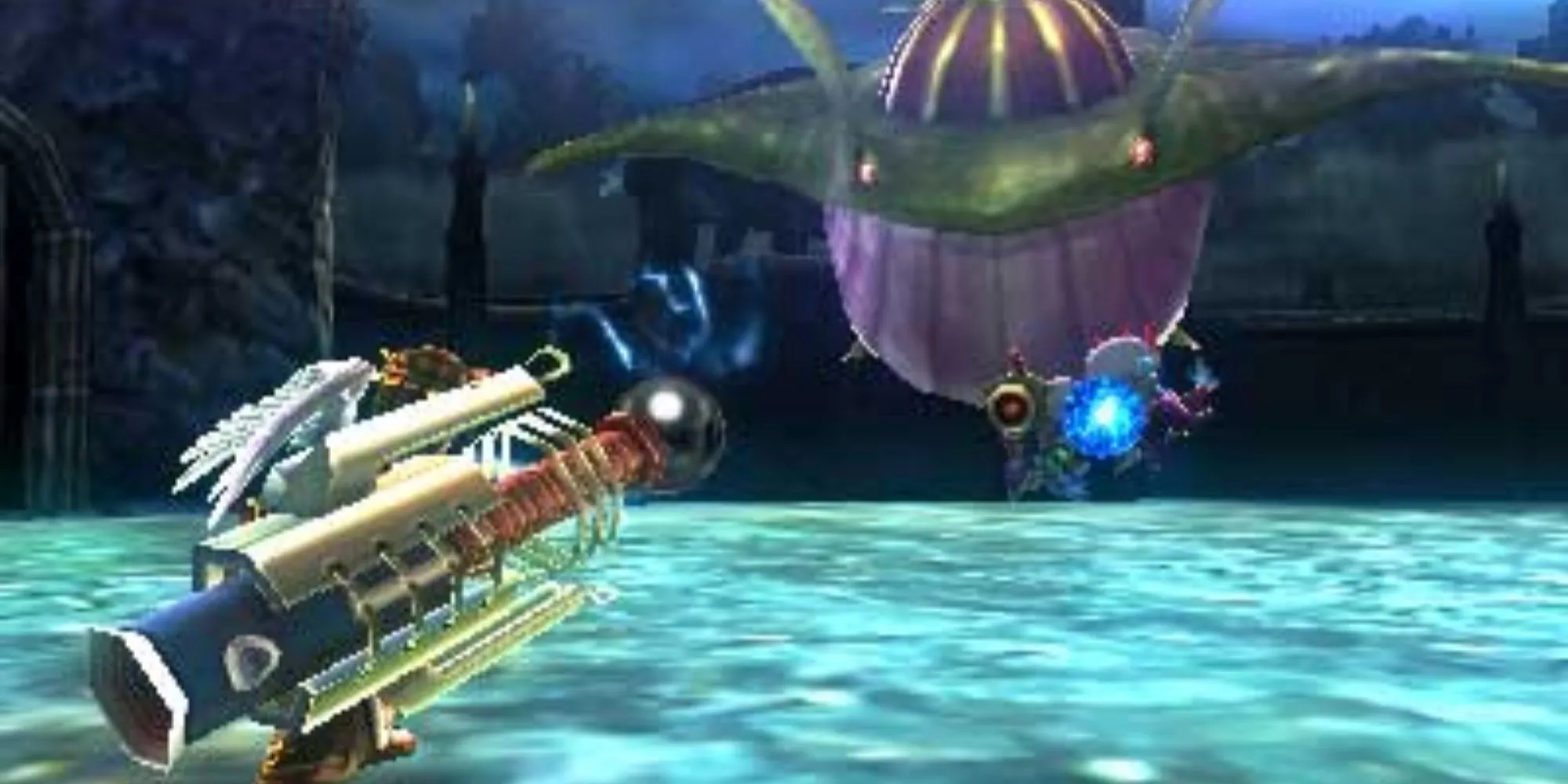 Pit with a large weapon firing at a whale-like boss in Kid Icarus: Uprising