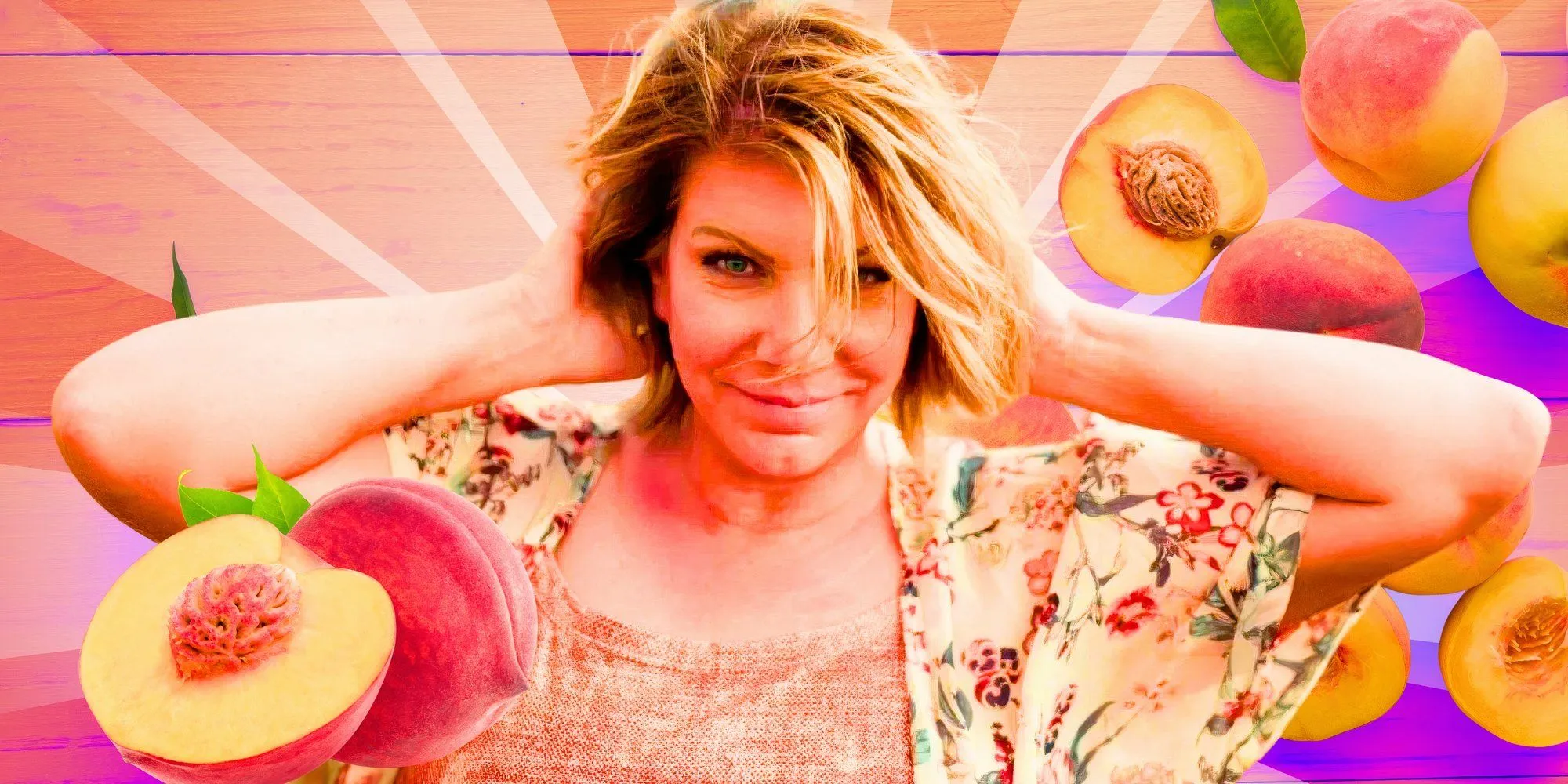 Meri Brown with peach fruit graphics
