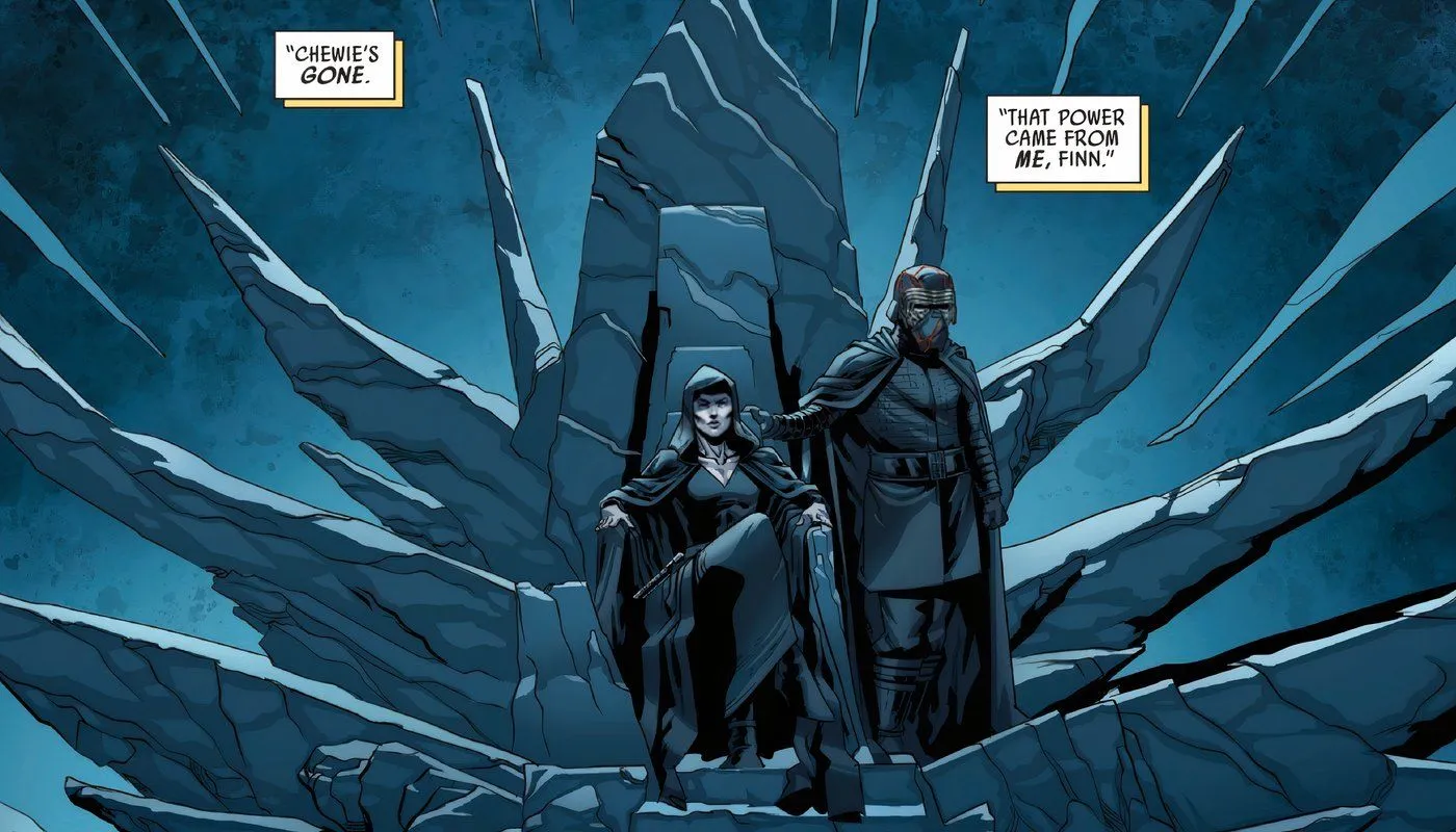 Rey as Queen of the Sith sitting on a throne with Kylo Ren standing next to her. Rey as Queen of the Sith sitting on a throne with Kylo Ren standing next to her.