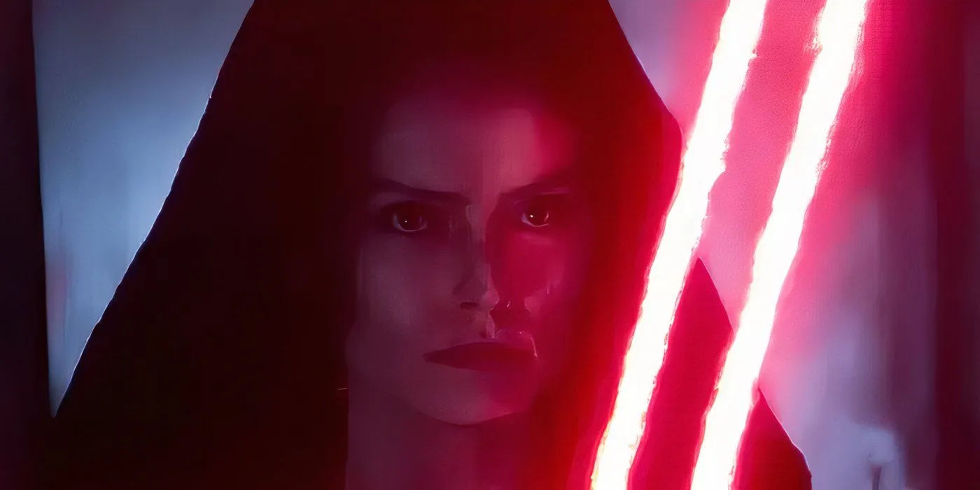 Star Wars' Rey in a Sith hood wielding a double-bladed red lightsaber. Star Wars' Rey in a Sith hood wielding a double-bladed red lightsaber.