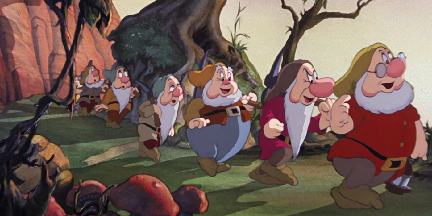 The dwarfs going home with their work tools in Snow White and the Seven Dwarfs The dwarfs going home with their work tools in Snow White and the Seven Dwarfs