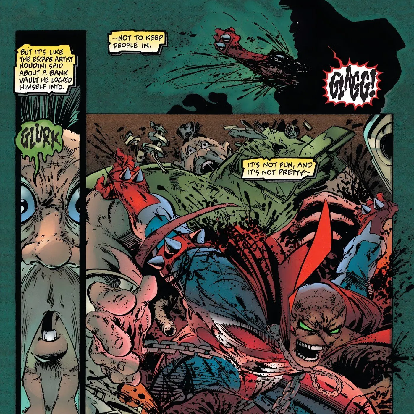 Spawn exploding out of someone's chest like Alien. Spawn exploding out of someone's chest like Alien.
