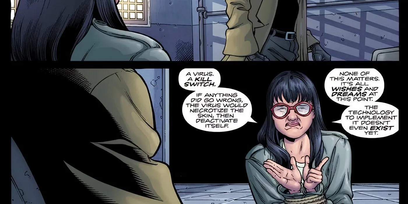 A scientist explaining that the Terminators almost had a kill switch installed in their skin.