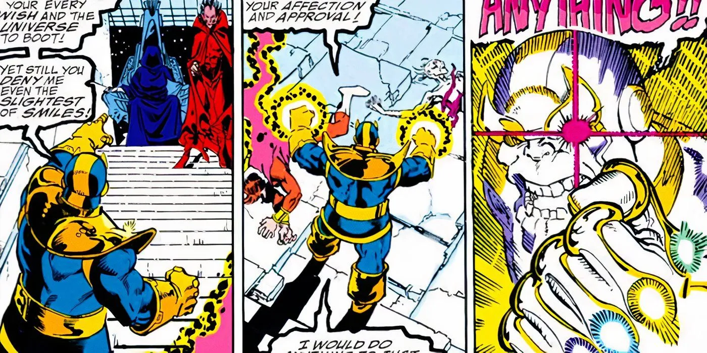 Thanos using the Infinity Gems to impress Lady Death