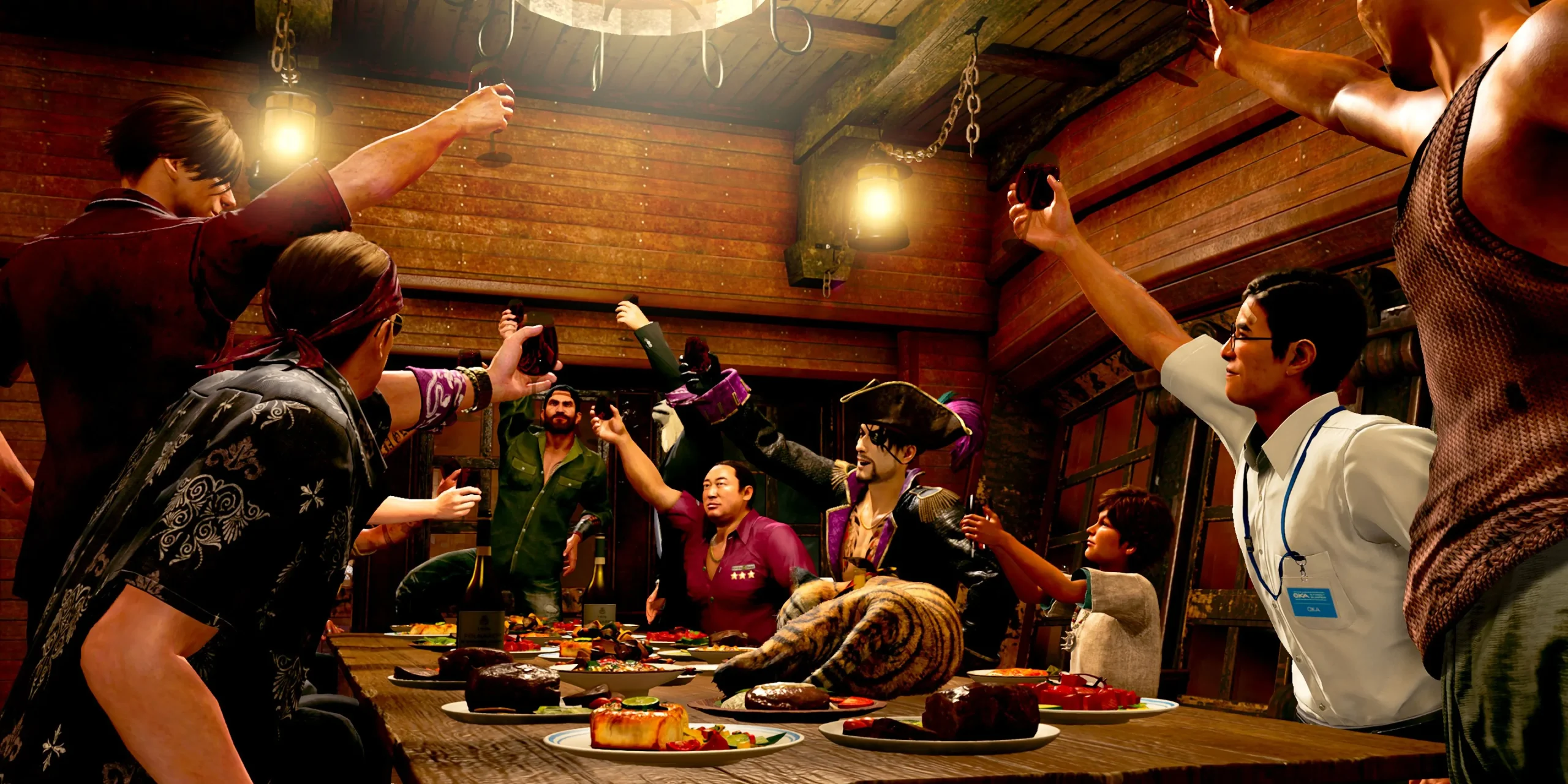 The pirate crew celebrates during a meal in Screenshot from Like A Dragon: Pirate Yakuza In Hawaii. The pirate crew celebrates during a meal in Screenshot from Like A Dragon: Pirate Yakuza In Hawaii.