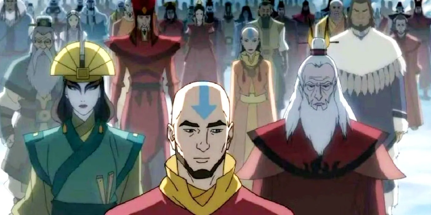 The previous Avatars before Korra with Aang and Kyoshi at the front in Avatar Legend Of Korra