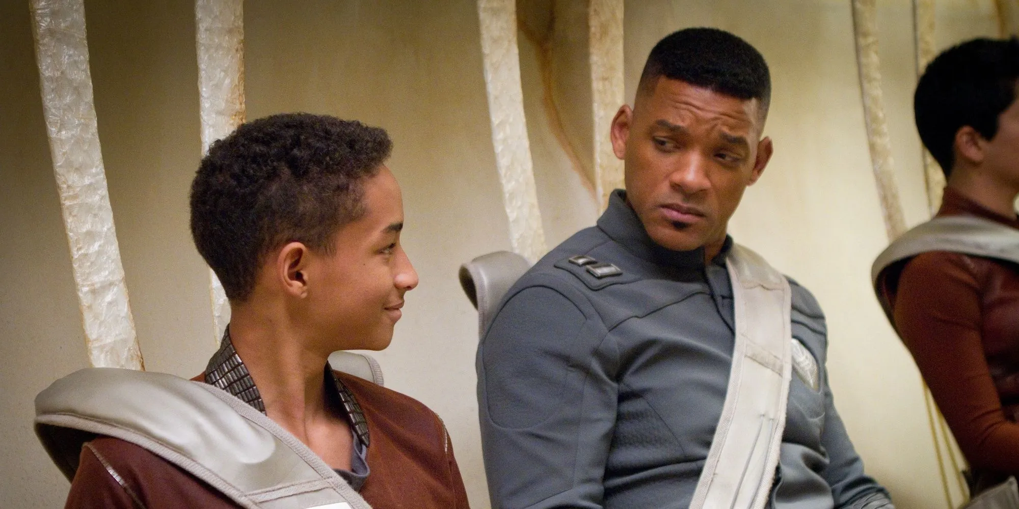 Jaden Smith smiling at Will Smith in After Earth Jaden Smith smiling at Will Smith in After Earth
