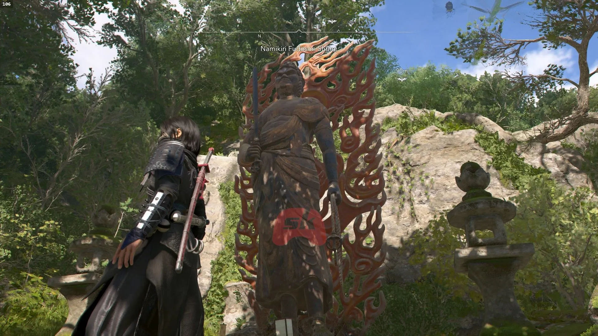 Climb the cliff behind the statue to find the Cascading Fear Teppo in Assassin's Creed Shadows (Image via Sportskeeda Gaming || Ubisoft)
