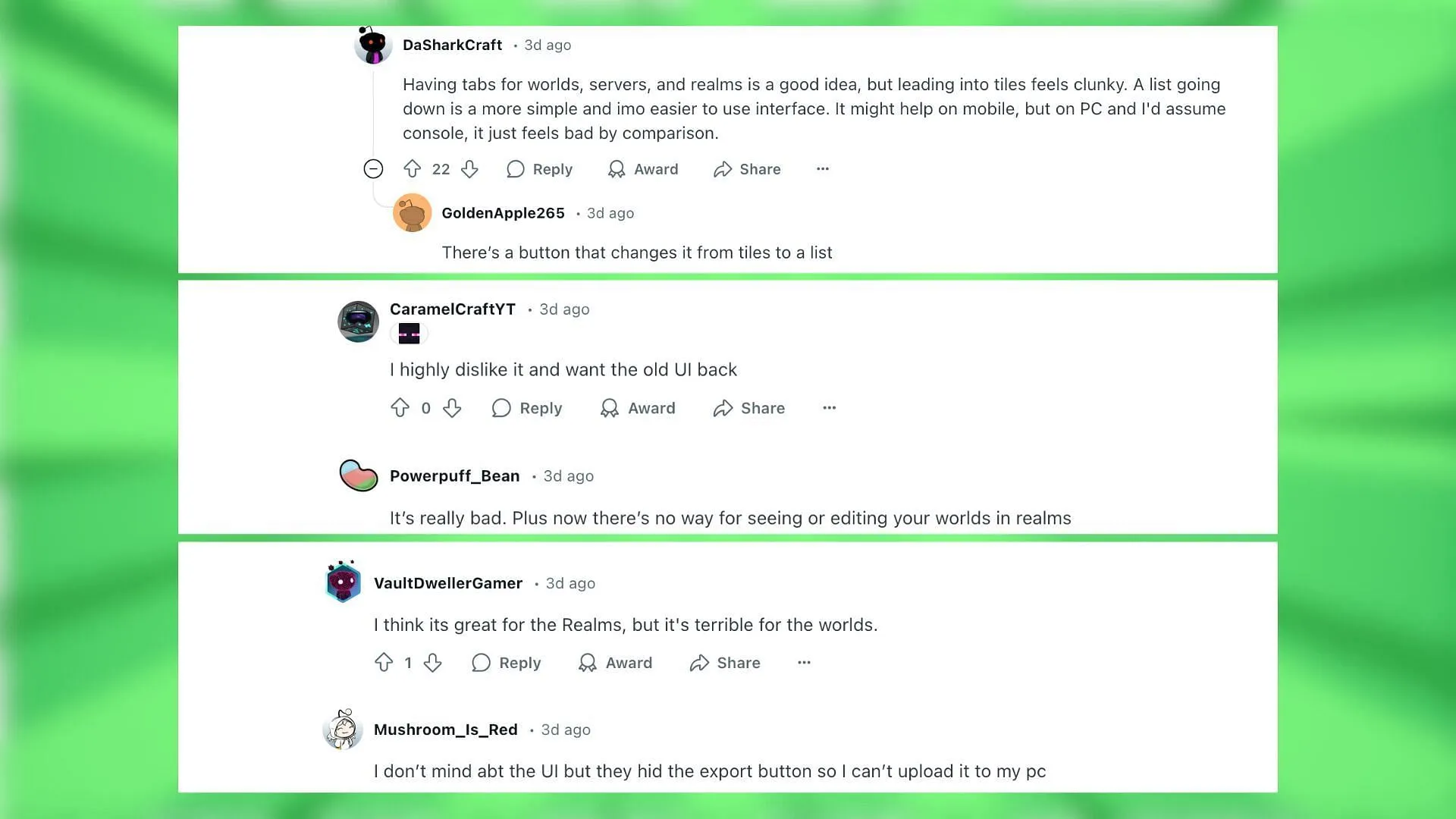Redditors talk about the Minecraft BE UI change (Image via Reddit) Redditors talk about the Minecraft BE UI change (Image via Reddit)