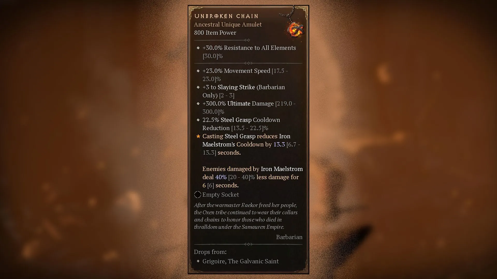 Affixes on the Unbroken Chain Unique Amulet (Image via Blizzard Entertainment)