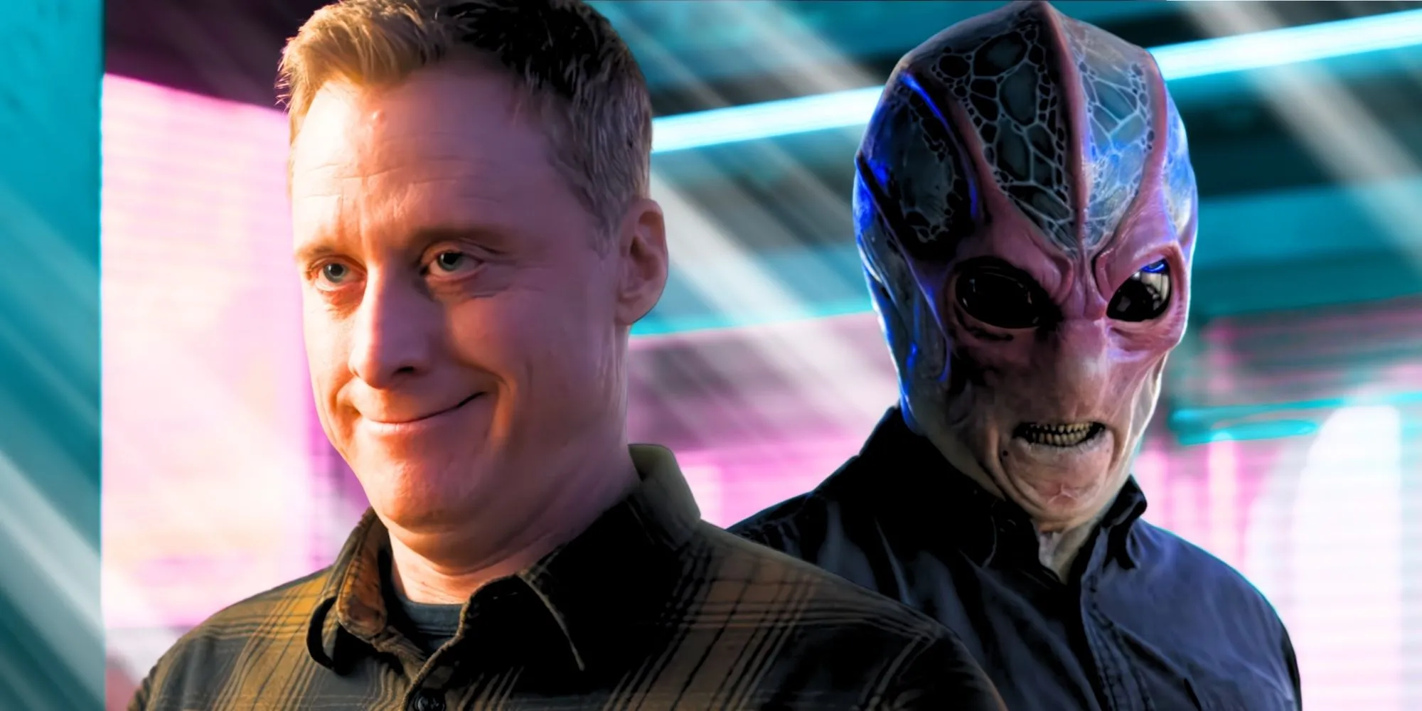 Alan Tudyk's Harry Vanderspeigle, showcasing both forms