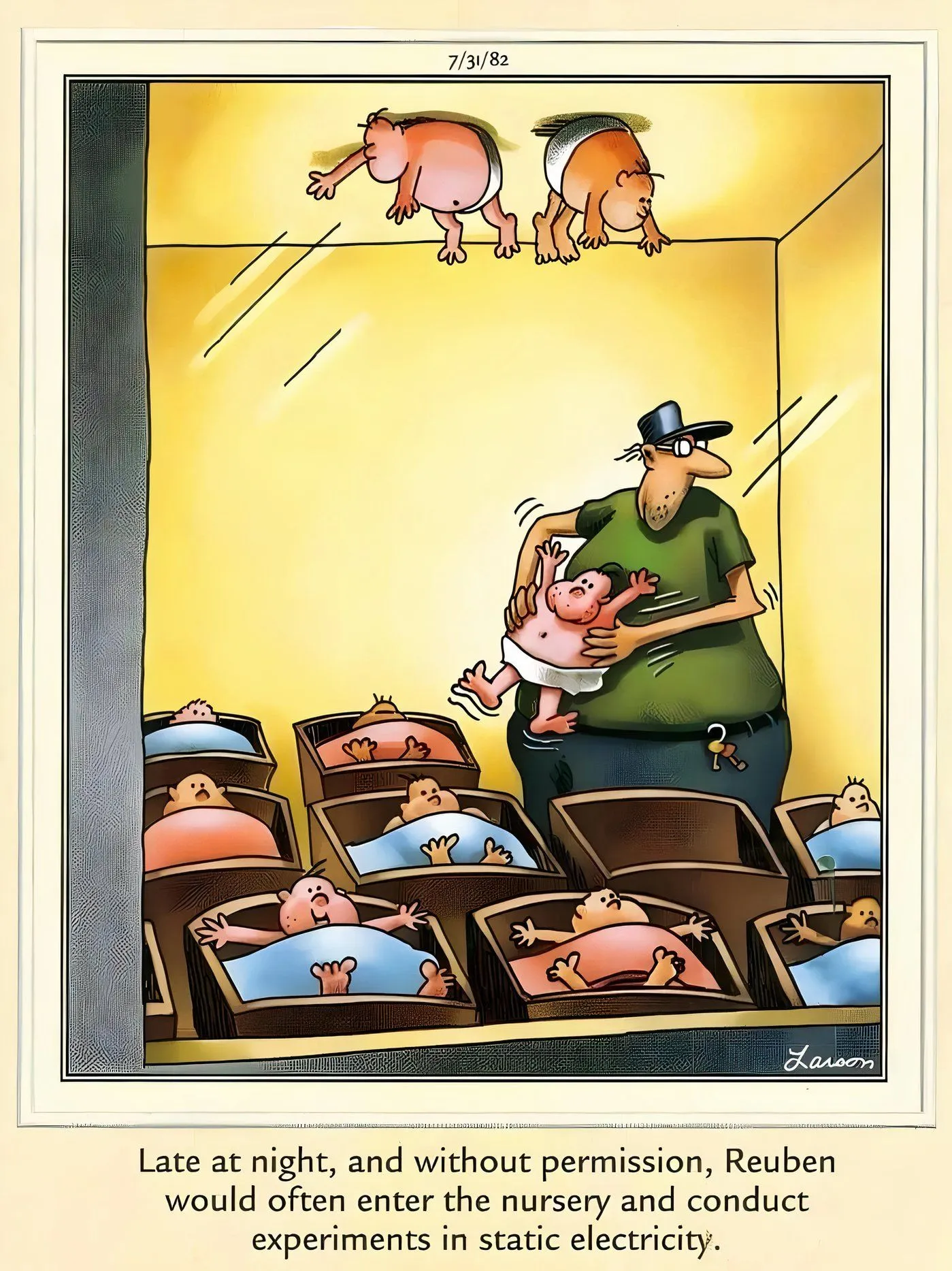 A man using newborns to conduct static electricity in The Far Side. A man using newborns to conduct static electricity in The Far Side.