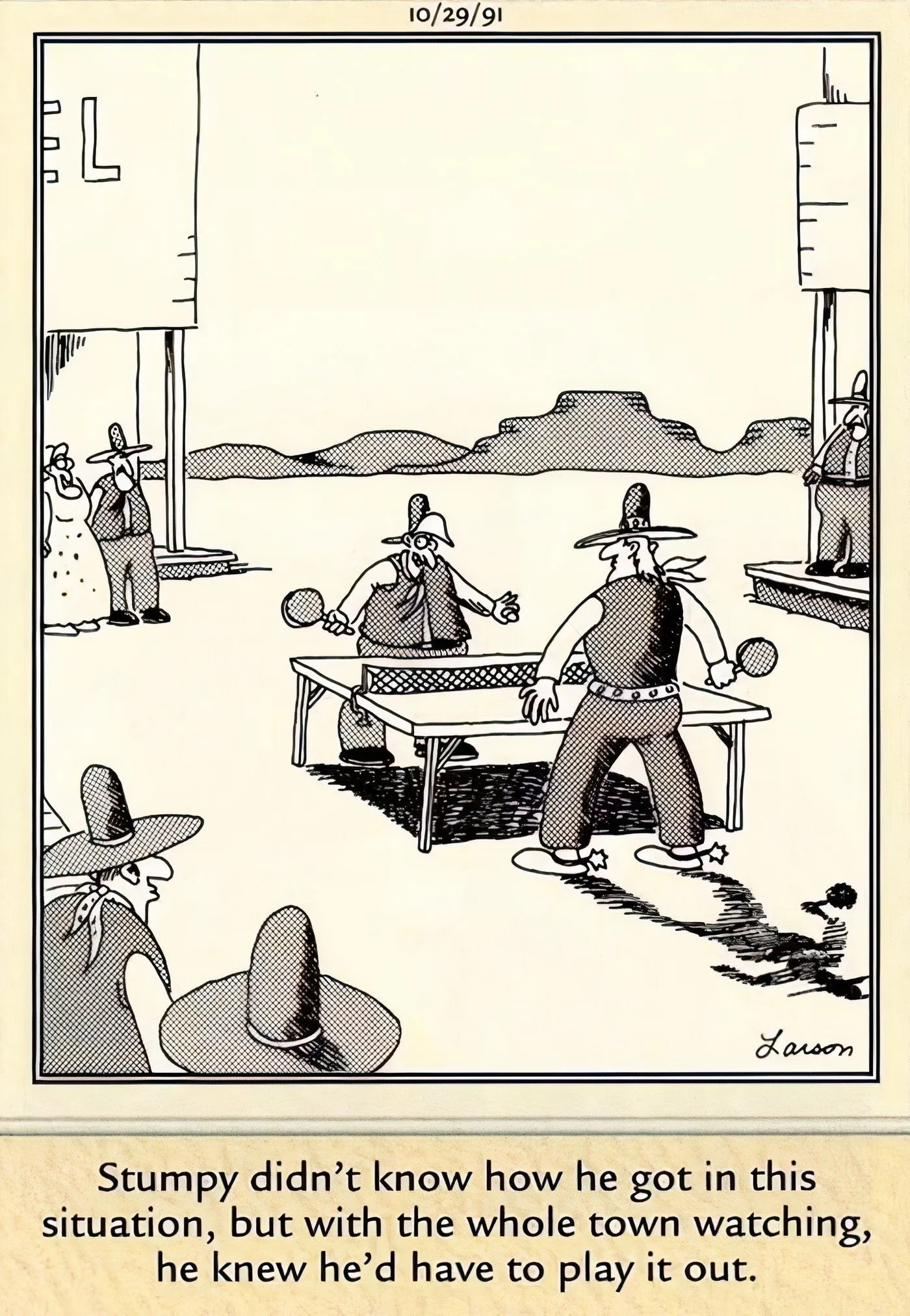 Two cowboys playing ping-pong in The Far Side. Two cowboys playing ping-pong in The Far Side.