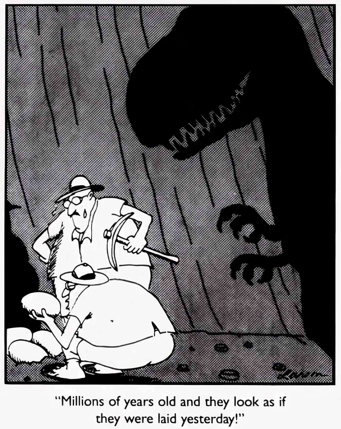 A T-Rex lurking in the shadows about to eat two explorers in The Far Side. A T-Rex lurking in the shadows about to eat two explorers in The Far Side.